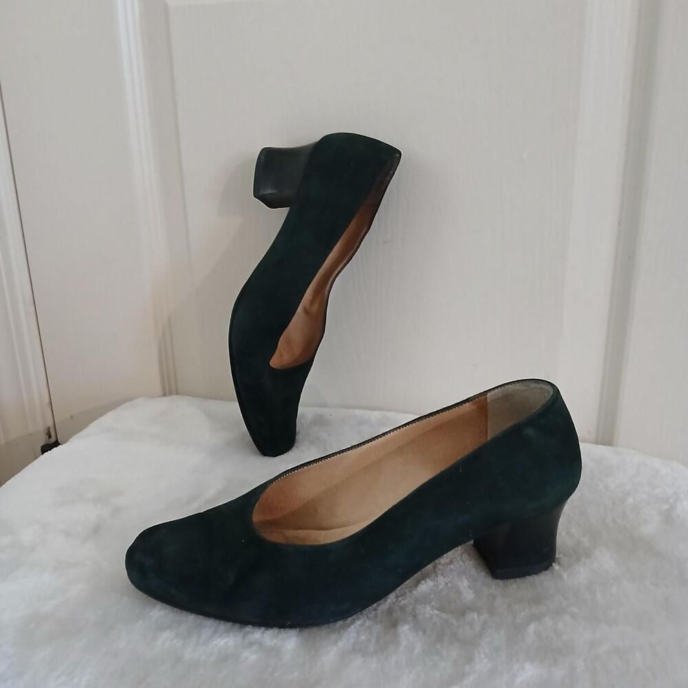 Vintage 80s 90s JB Martin Paris Green Suede Chunky Block Kitten Heels UK 2 US 5